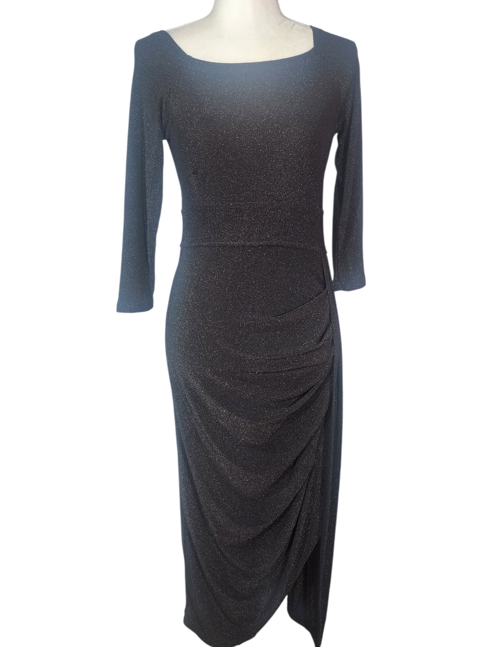Elegant Black Shimmer Midi Dress with Ruched Side And Square Neckline. M